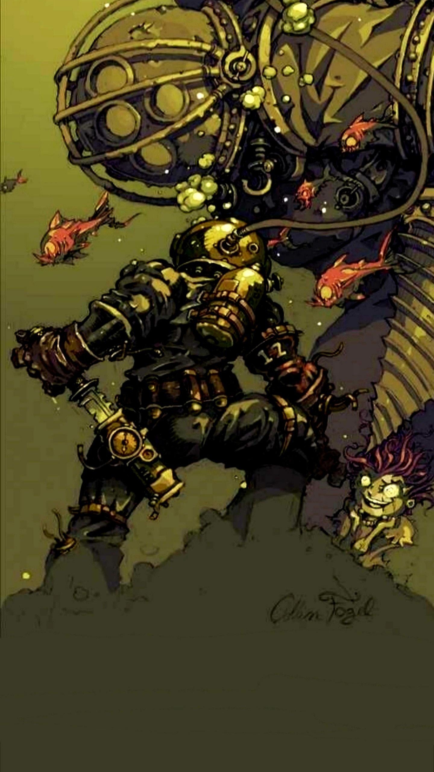 Обои bioshock bouncer art, игра BioShock, bioshock infinite, В BioShock 2, большой папочка в разрешении 1440x2560