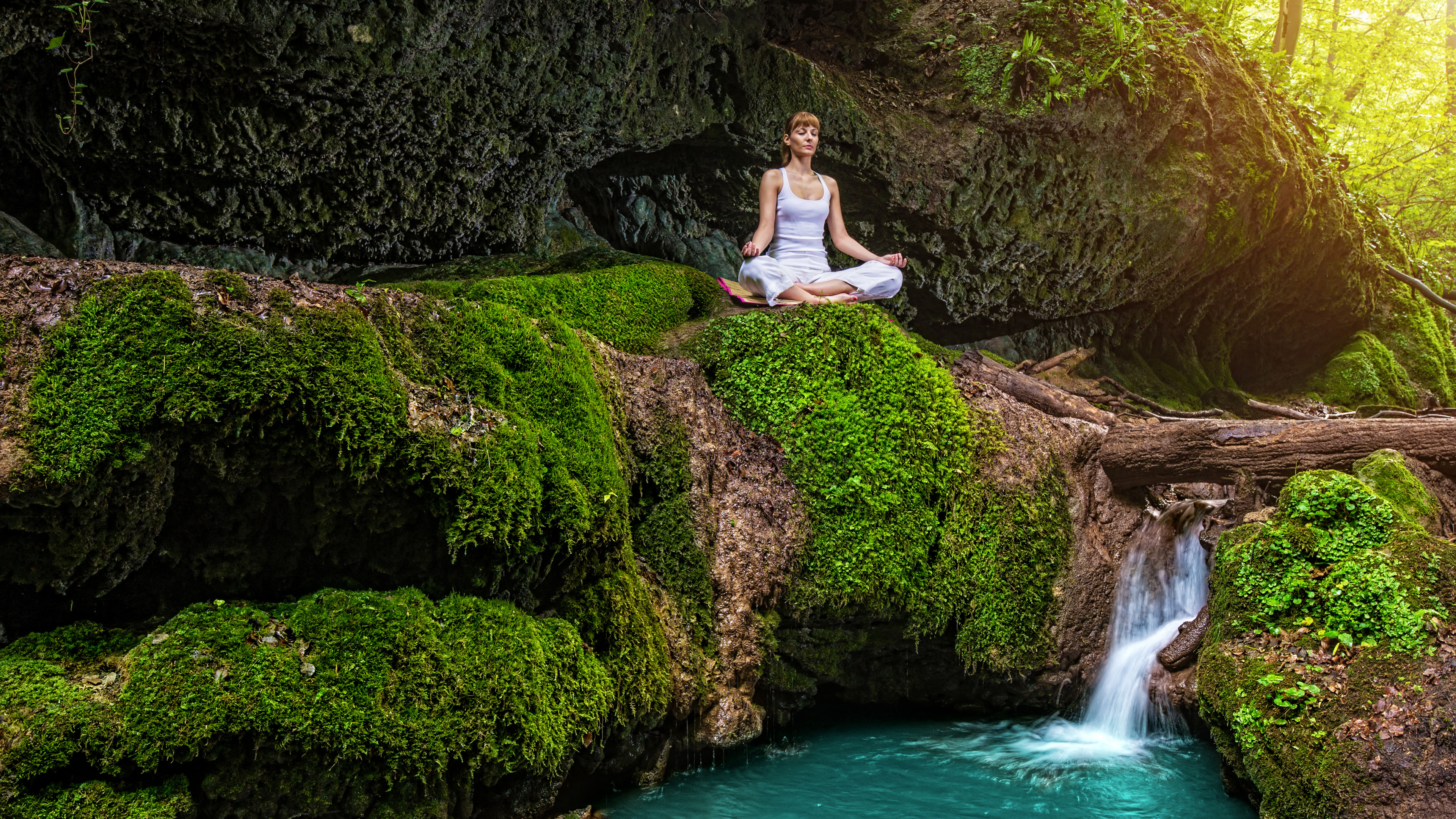 Обои Сукхасана, поза лотоса, медитация, йога, природа в разрешении 3840x2160