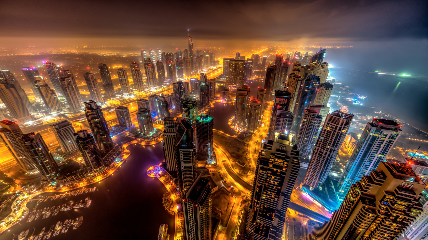 Обои Бурдж Халифа, городской пейзаж, метрополия, город, городской район в разрешении 1366x768