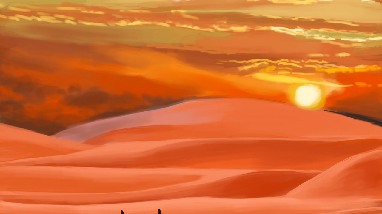 Обои Апельсин, пустыня, рисование, иллюстрация, караван в разрешении 1280x720