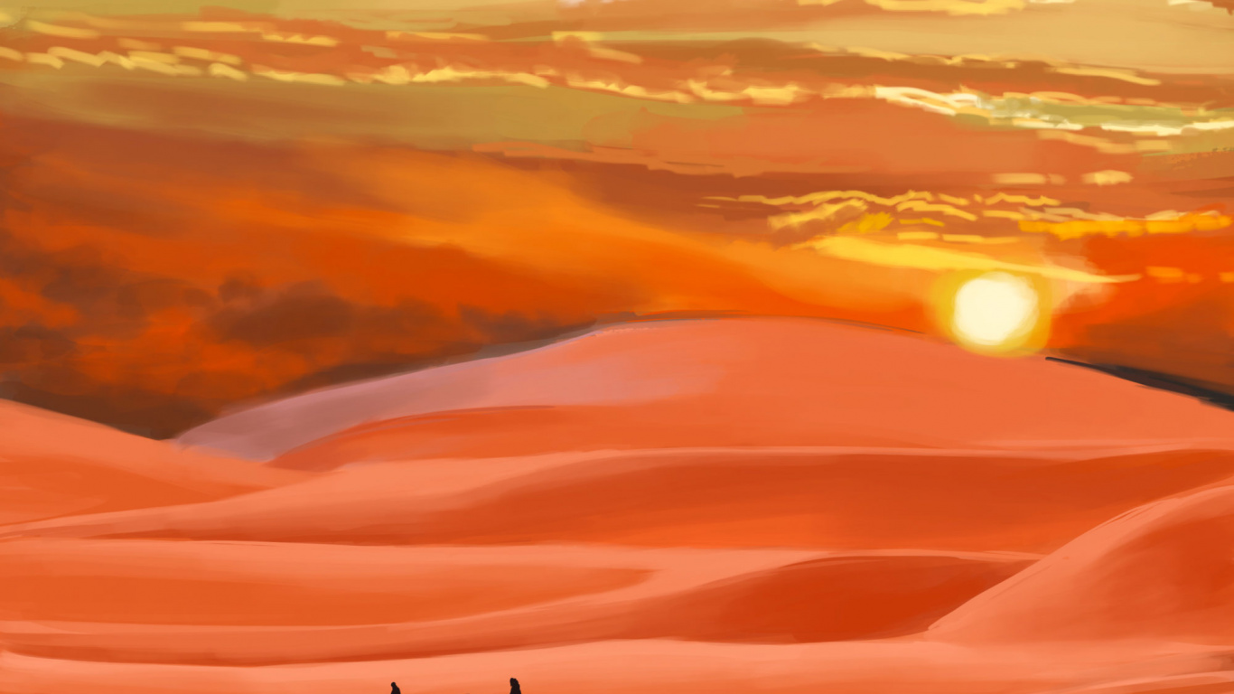 Обои Апельсин, пустыня, рисование, иллюстрация, караван в разрешении 1366x768