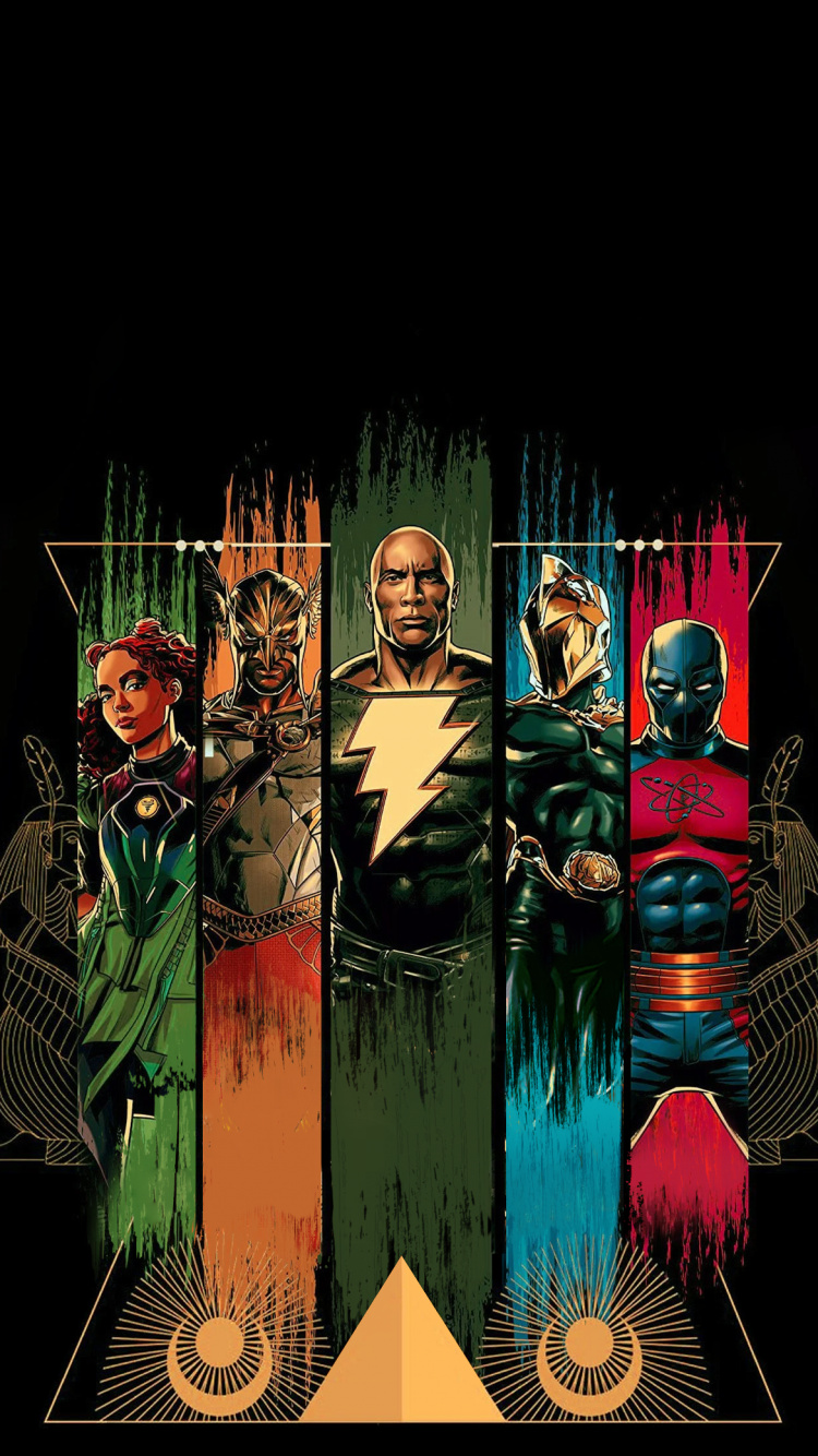 Обои комиксы dc, Черный Адам, Дуэйн Джонсон, Человек-ястреб, Общество Справедливости Америки в разрешении 750x1334