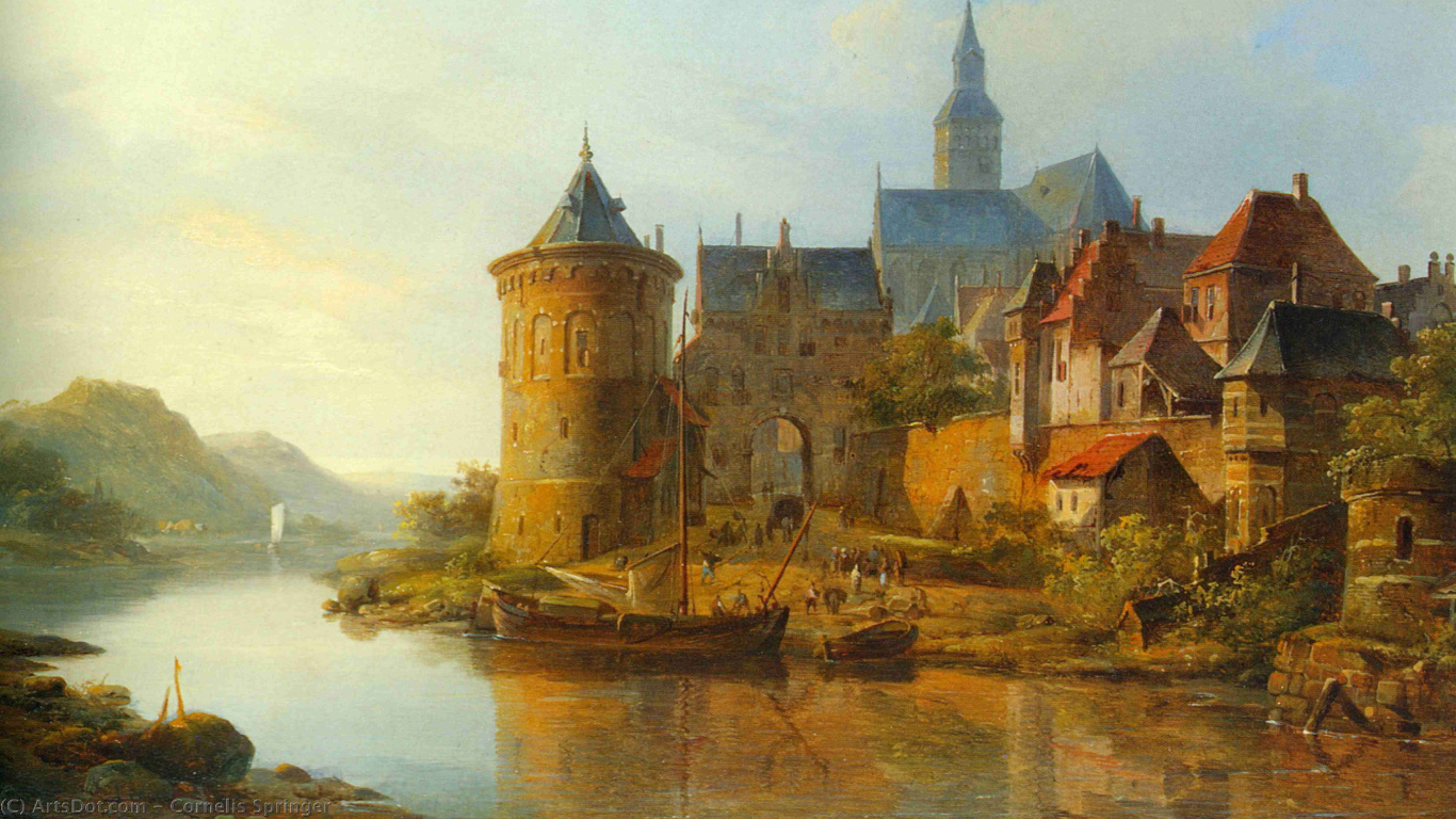 Обои живопись, акварельные краски, водный путь, замок, визуальное искусство в разрешении 1366x768