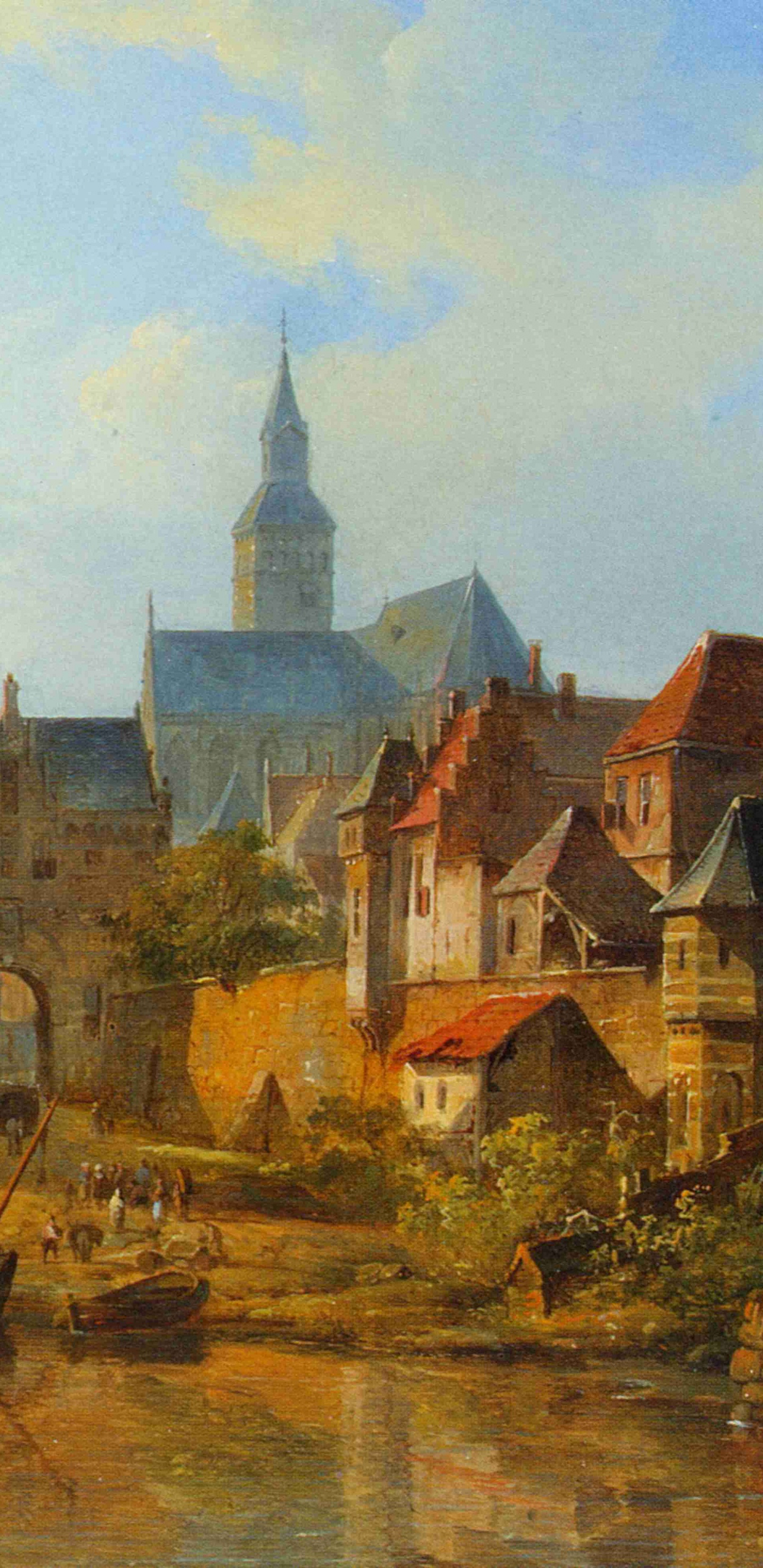 Обои живопись, акварельные краски, водный путь, замок, визуальное искусство в разрешении 1440x2960