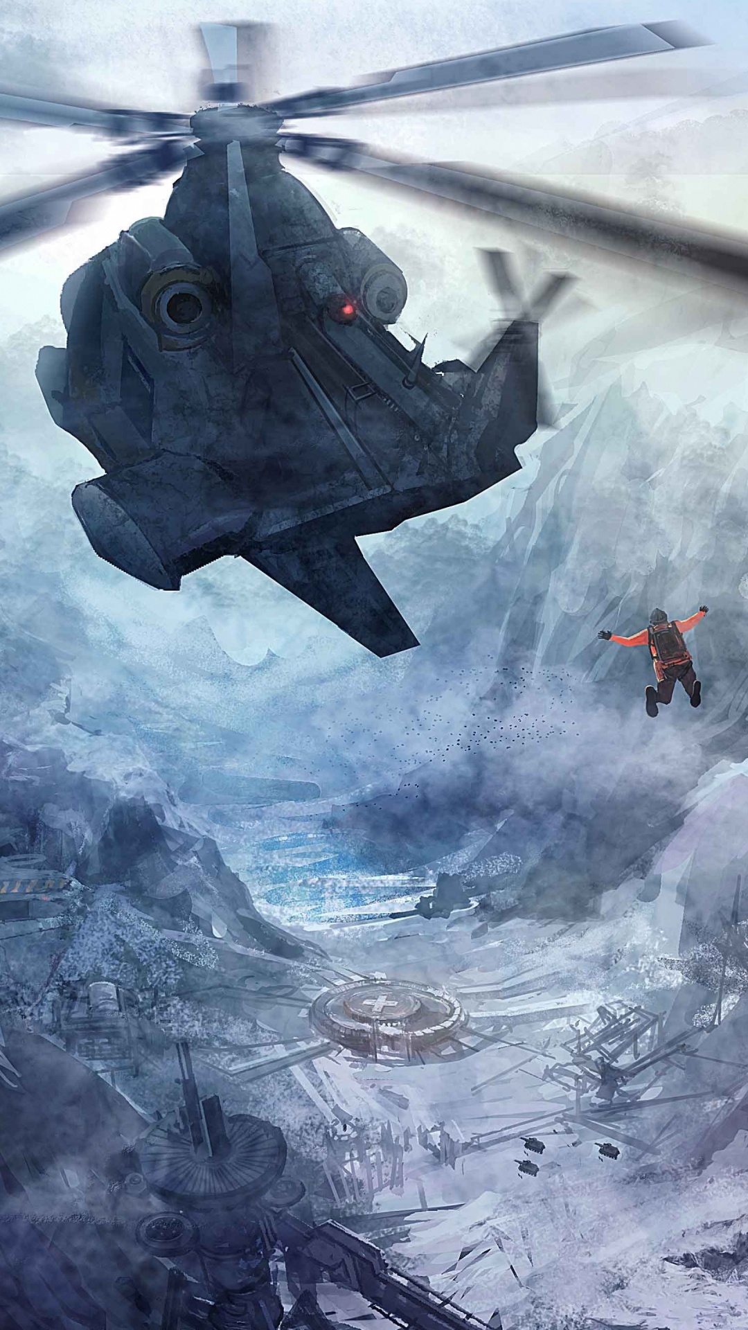 Обои живопись, самолеты, снег, акварельные краски, полет в разрешении 1080x1920