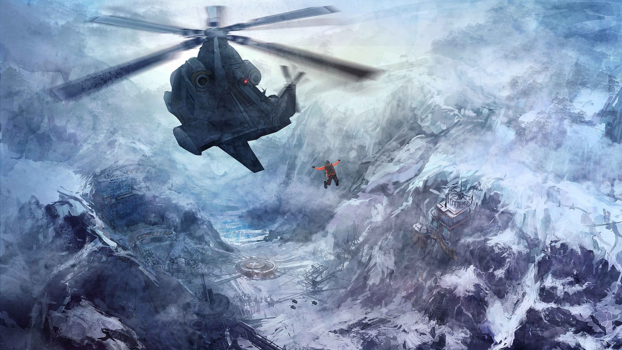 Обои живопись, самолеты, снег, акварельные краски, полет в разрешении 1280x720