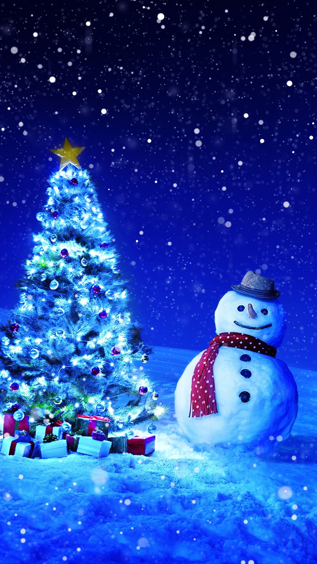 Обои елка, Снеговик, Рождественский день, пихта, зима в разрешении 1080x1920