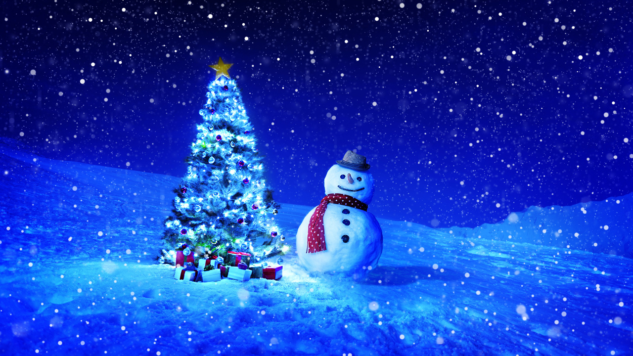 Обои елка, Снеговик, Рождественский день, пихта, зима в разрешении 1280x720