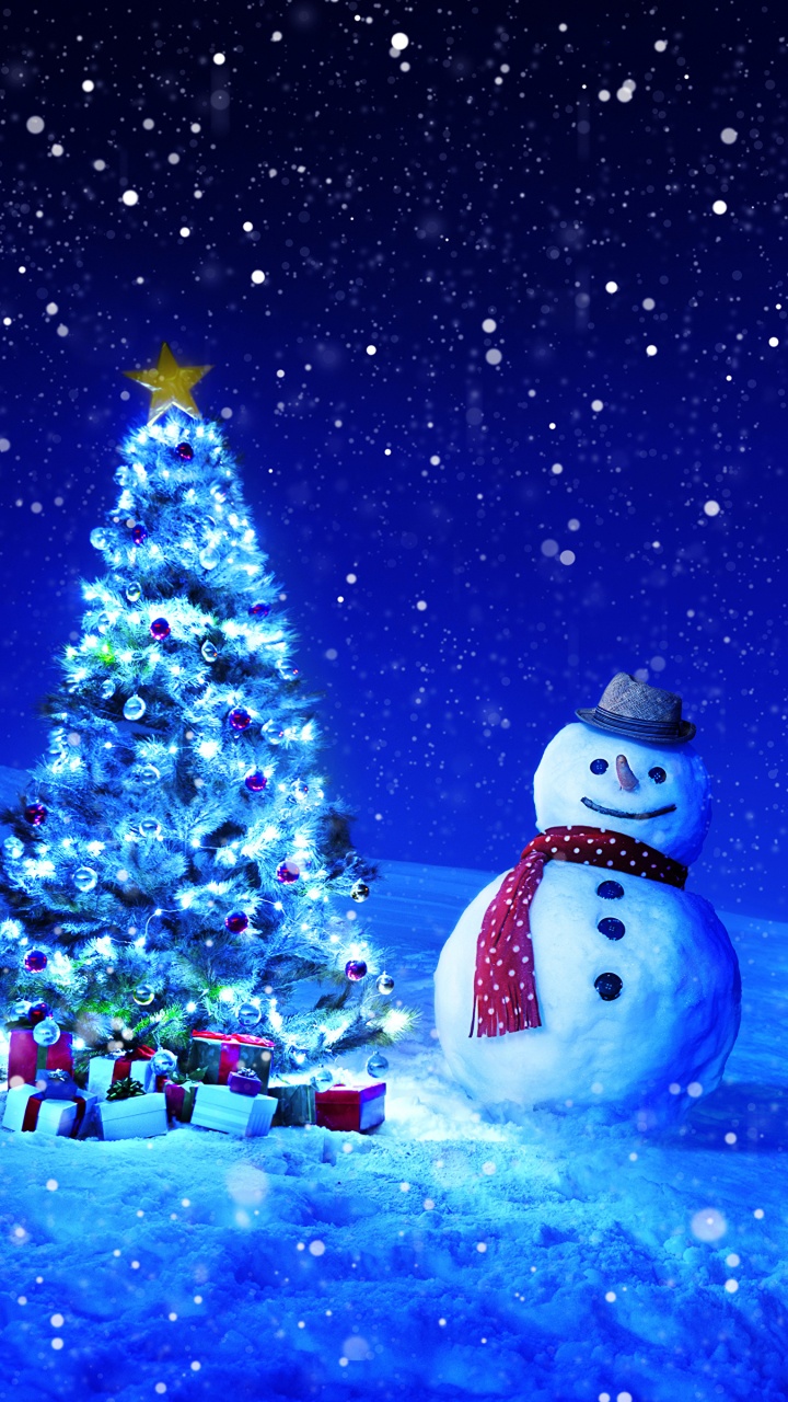 Обои елка, Снеговик, Рождественский день, пихта, зима в разрешении 720x1280