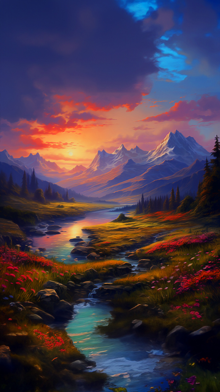 Обои саммит, живопись, акриловая краска, облако, вода в разрешении 750x1334