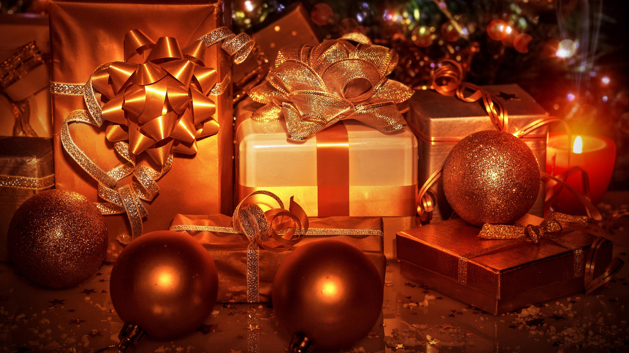 Обои Рождественский день, рождественский орнамент, елка, Рождественский подарок, праздник в разрешении 1280x720
