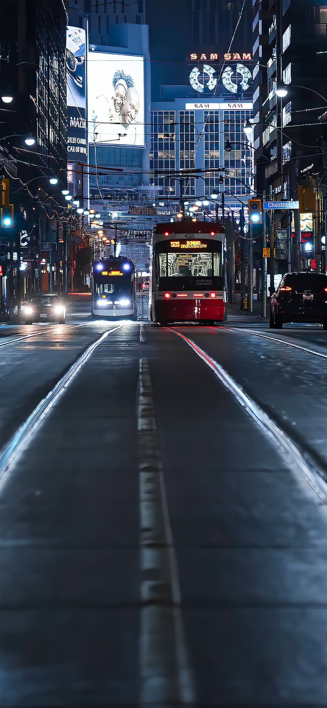 Обои смешанное использование, автобус, трамвай, здание, легковые автомобили в разрешении 1125x2436