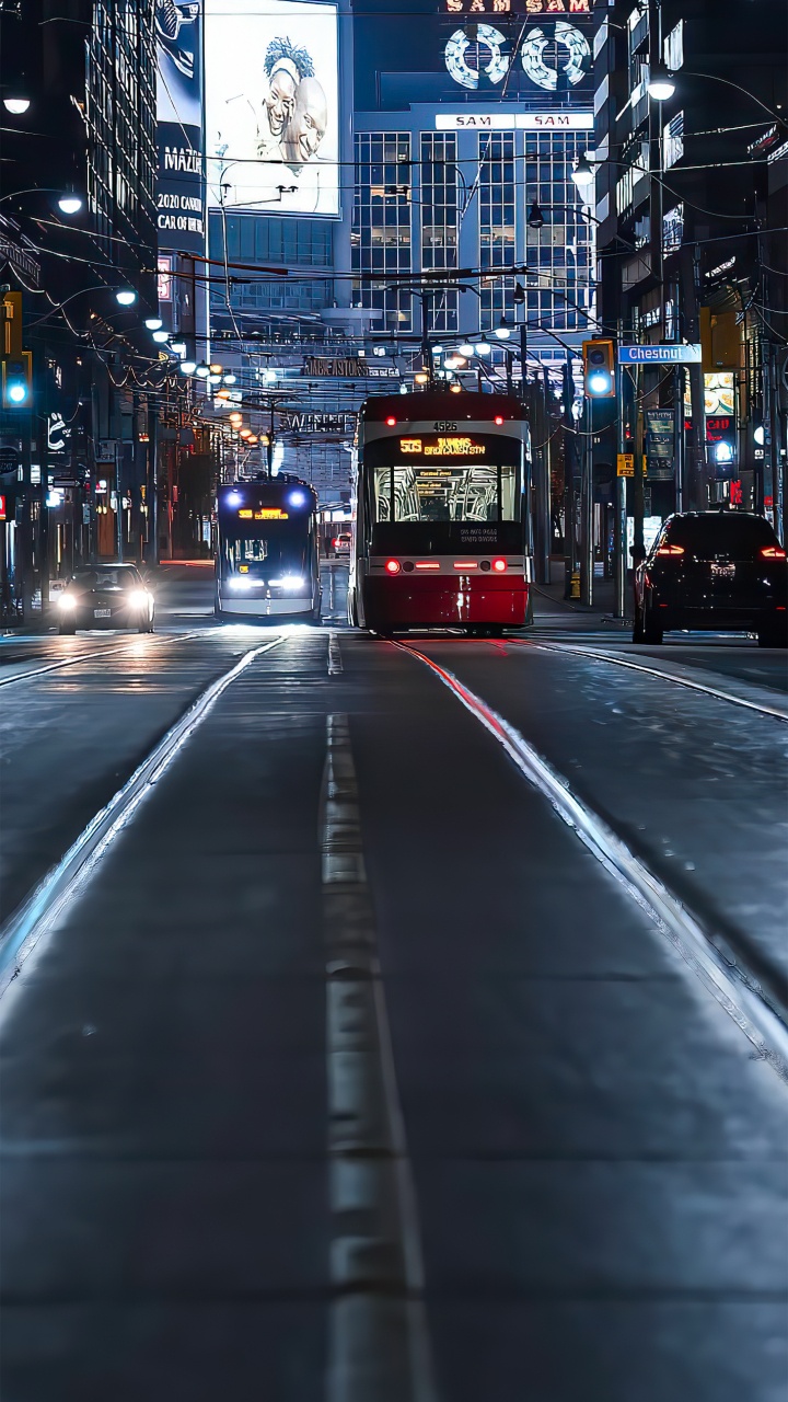 Обои смешанное использование, автобус, трамвай, здание, легковые автомобили в разрешении 720x1280