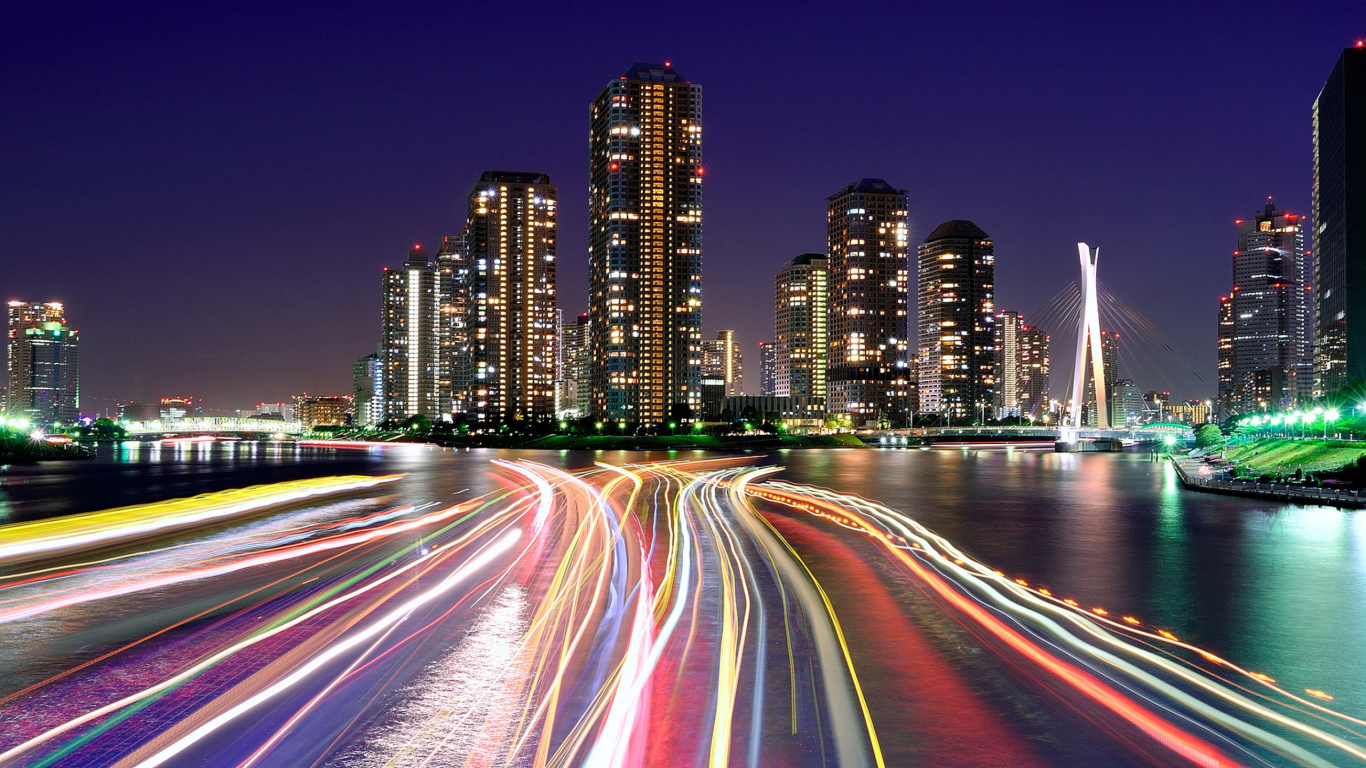 Обои городские огни, свет, городской пейзаж, город, городской район в разрешении 1366x768