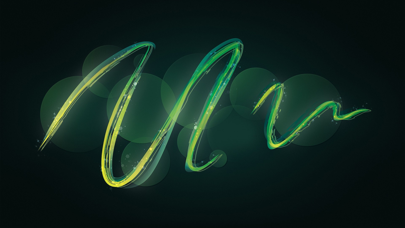 Обои зеленый, текст, неон, графический дизайн, свет в разрешении 1366x768