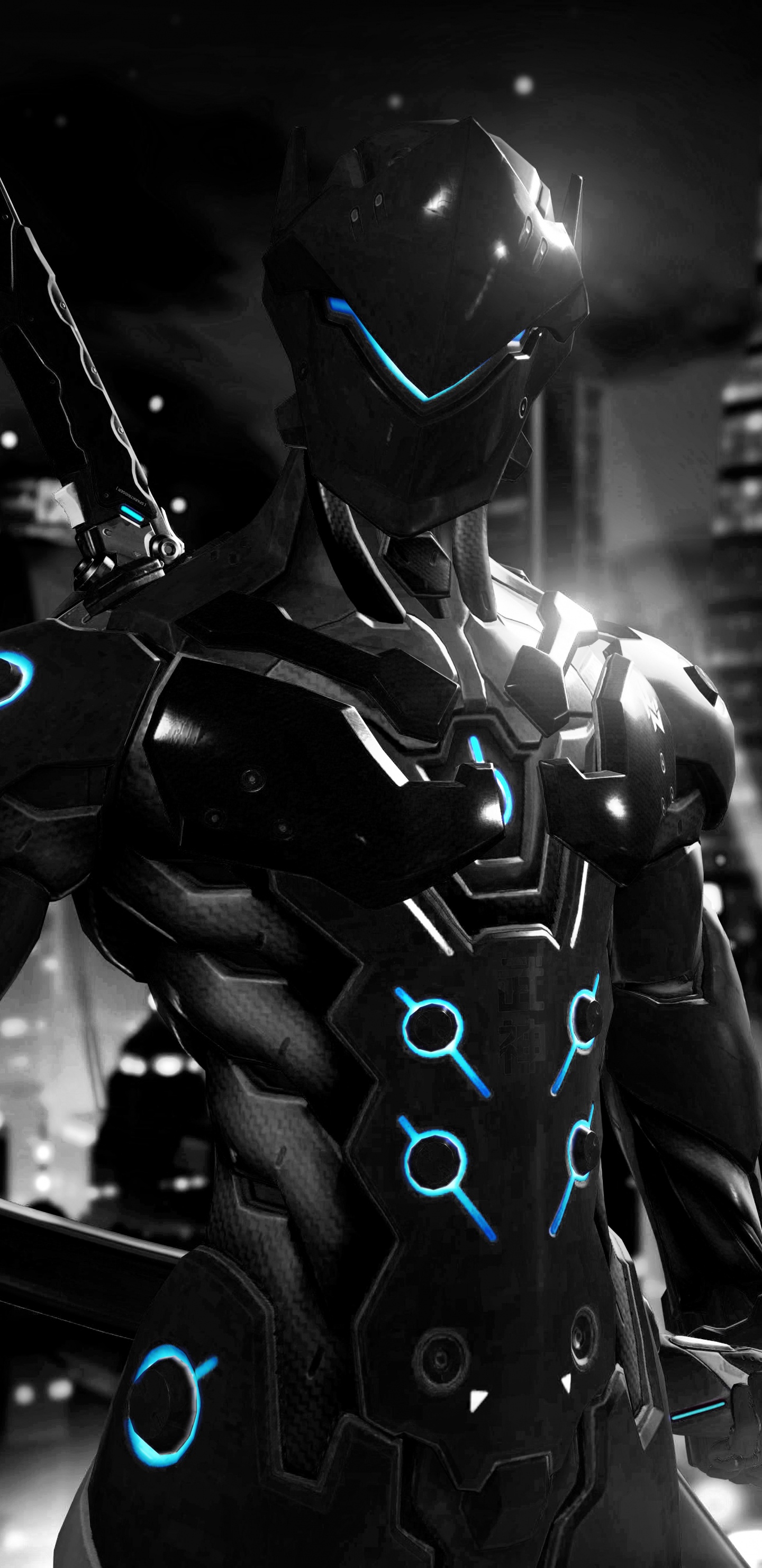 Обои Overwatch, Гэндзи, милость, темнота, метрополия в разрешении 1440x2960