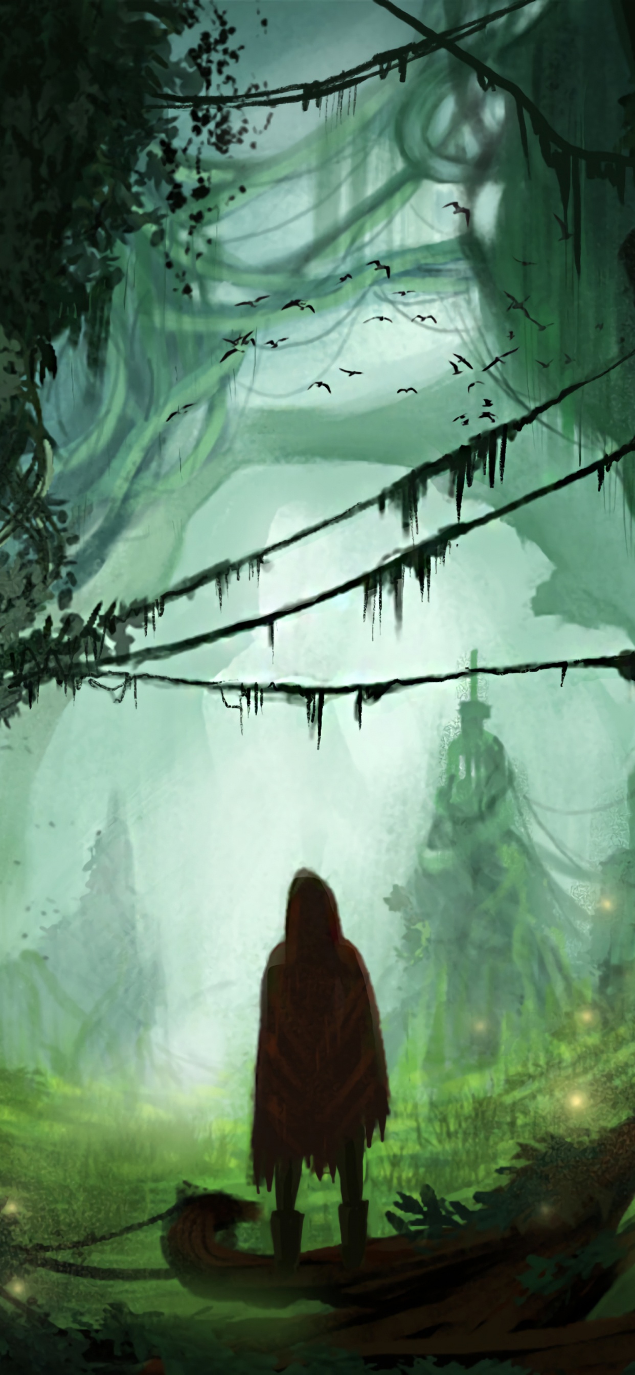 Обои силуэт, арт, окружающая среда, темнота, лес в разрешении 1242x2688