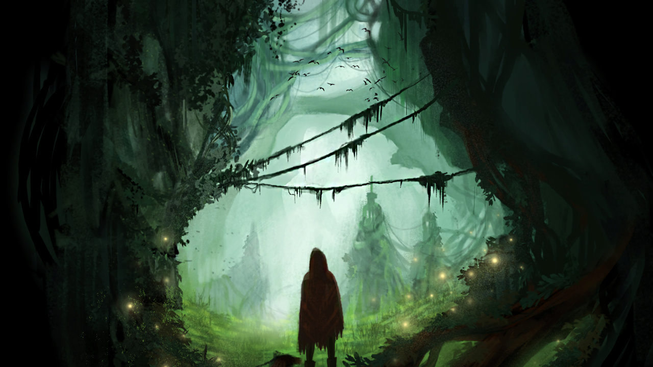 Обои силуэт, арт, окружающая среда, темнота, лес в разрешении 1280x720