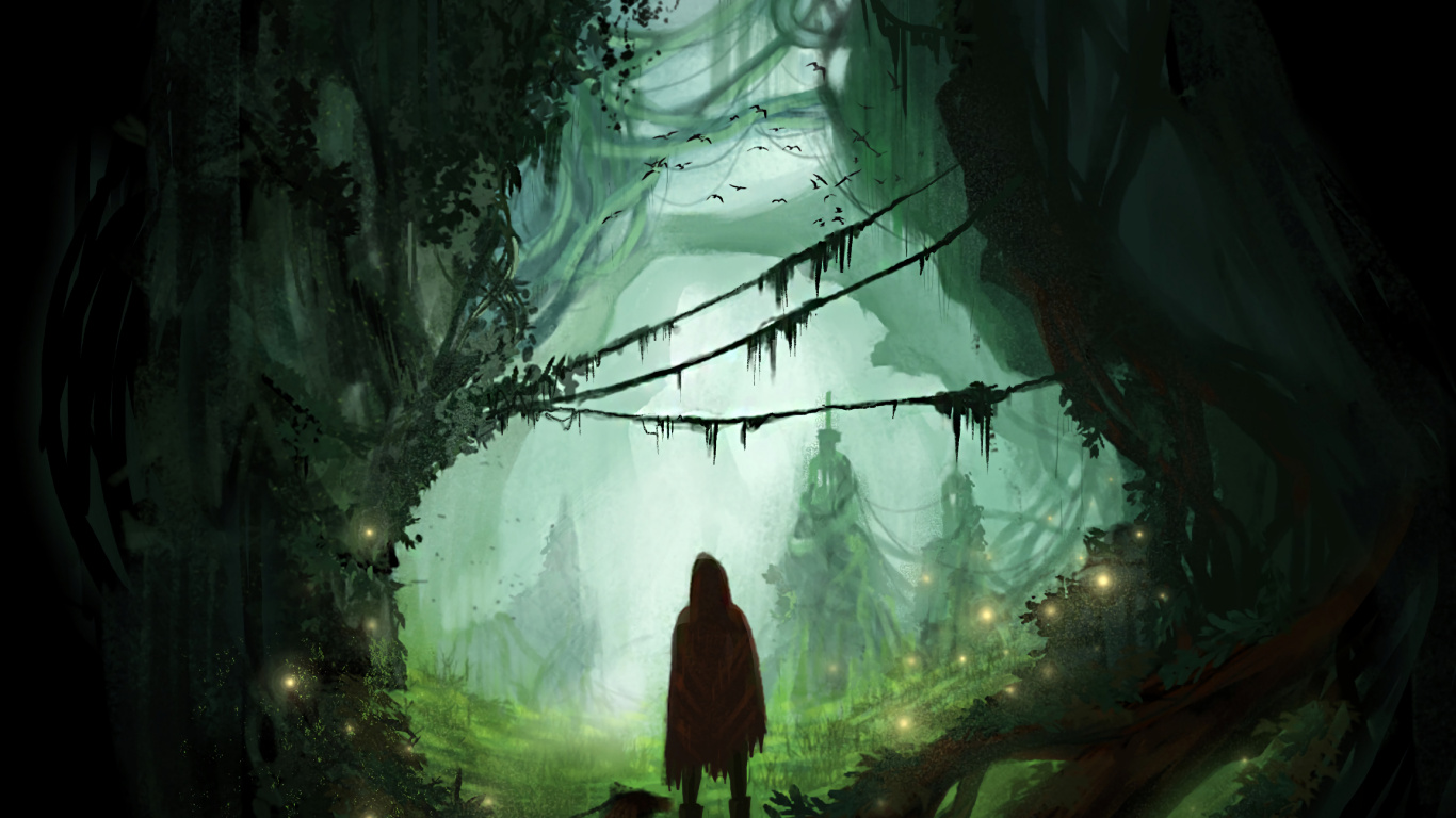 Обои силуэт, арт, окружающая среда, темнота, лес в разрешении 1366x768