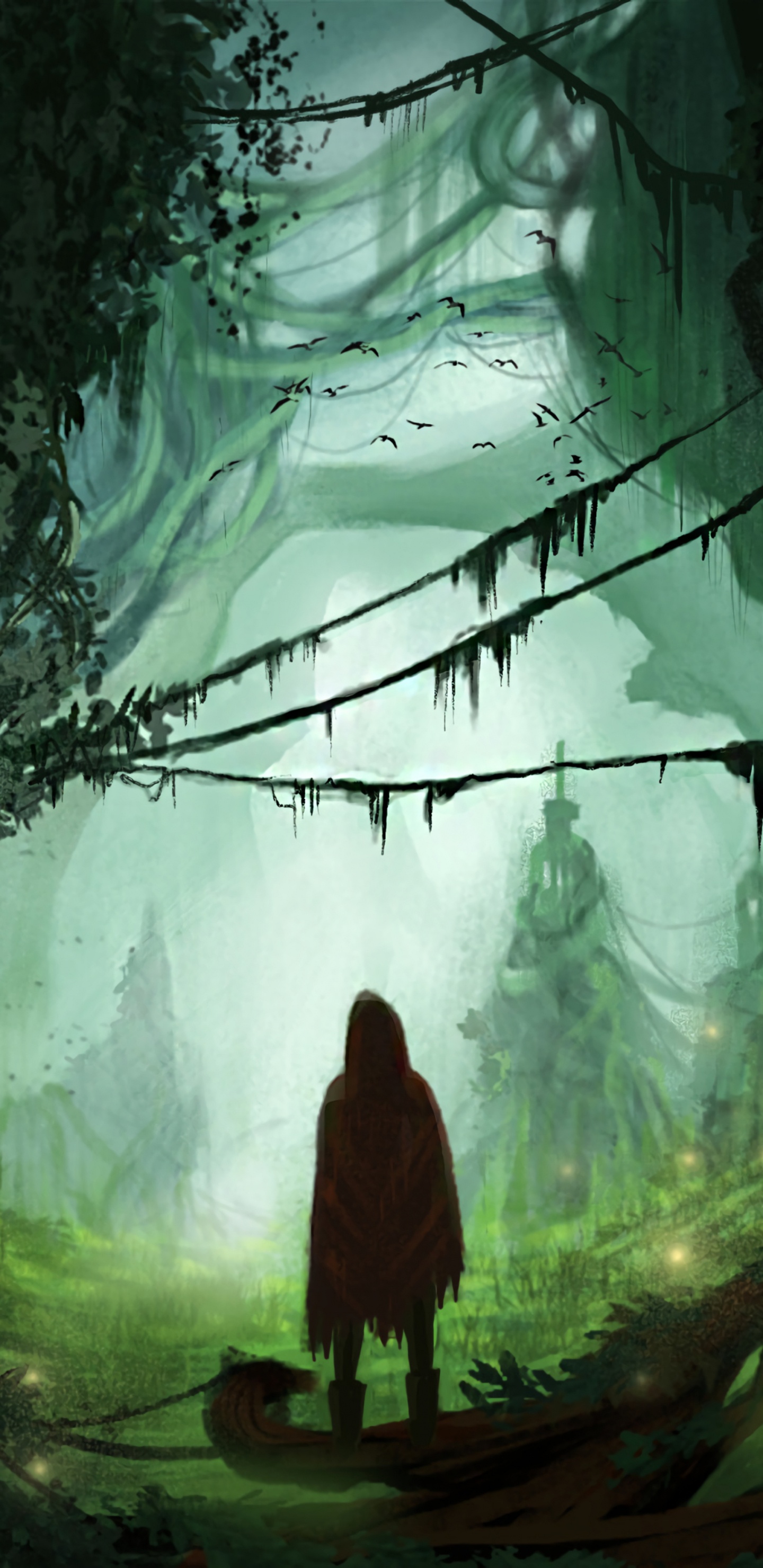 Обои силуэт, арт, окружающая среда, темнота, лес в разрешении 1440x2960