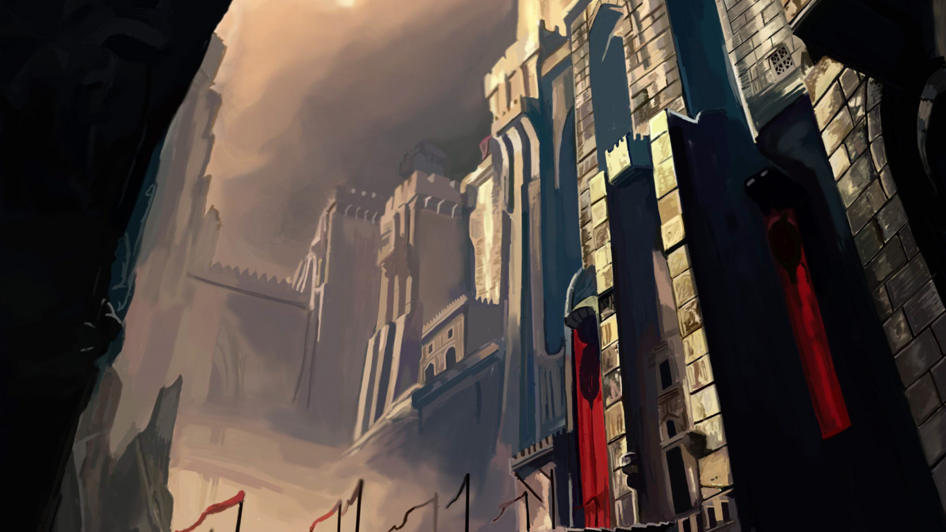 Обои Принц Персии воин внутри, Принц Персии Пески времени, князь, здание, город в разрешении 1366x768