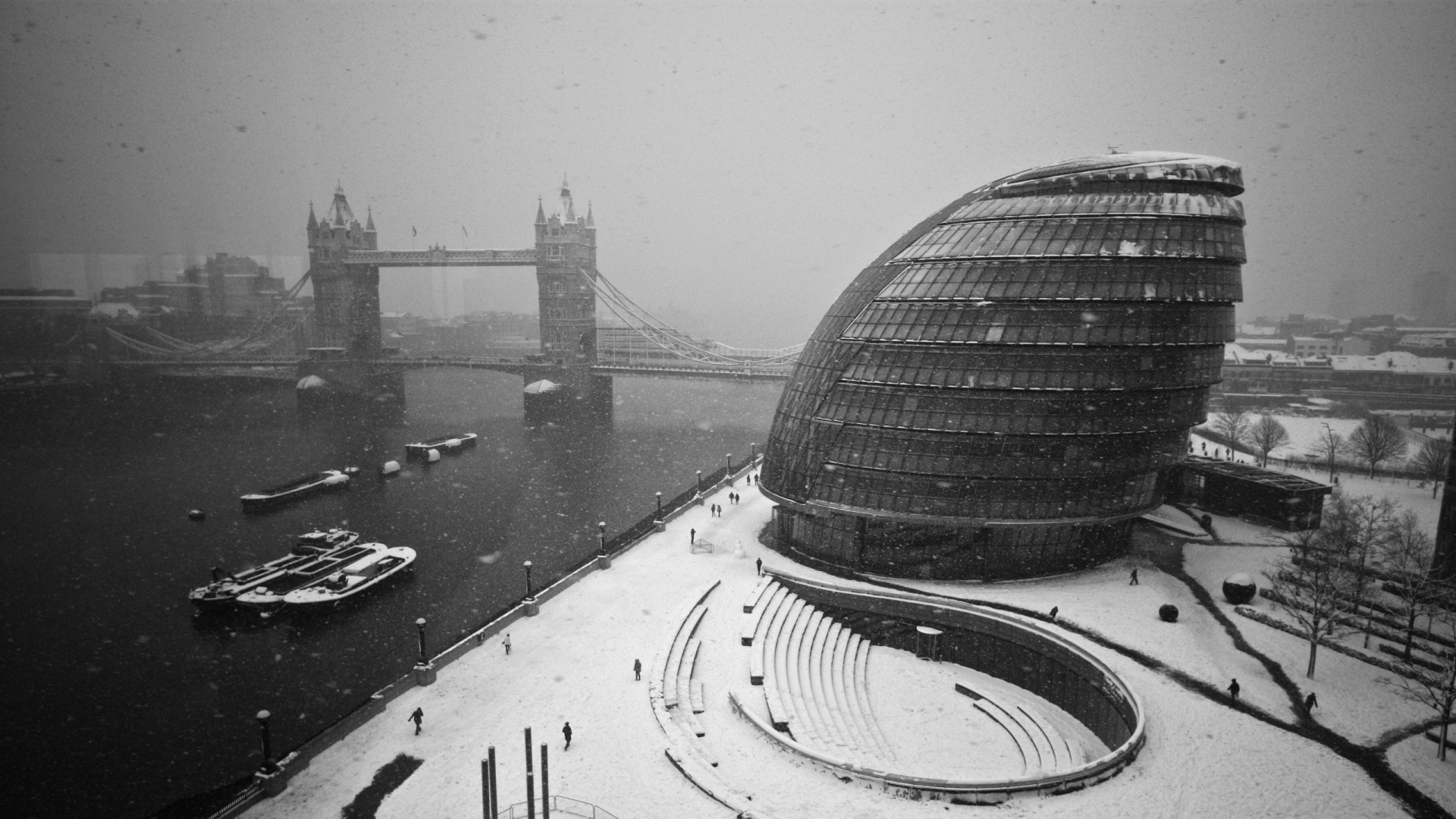 Обои черный и белый, Лондон, зима, монохромный, вода в разрешении 1920x1080
