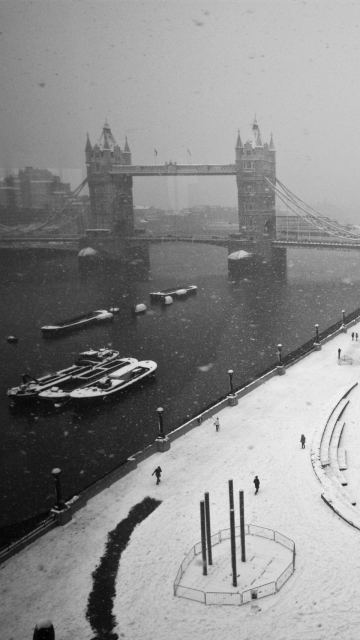 Обои черный и белый, Лондон, зима, монохромный, вода в разрешении 720x1280