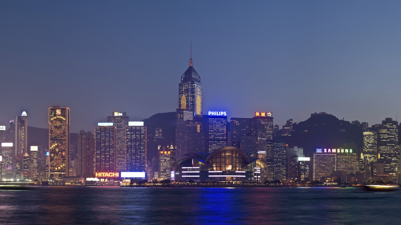 Обои Гавань Виктория, город, линия горизонта, городской пейзаж, метрополия в разрешении 1366x768