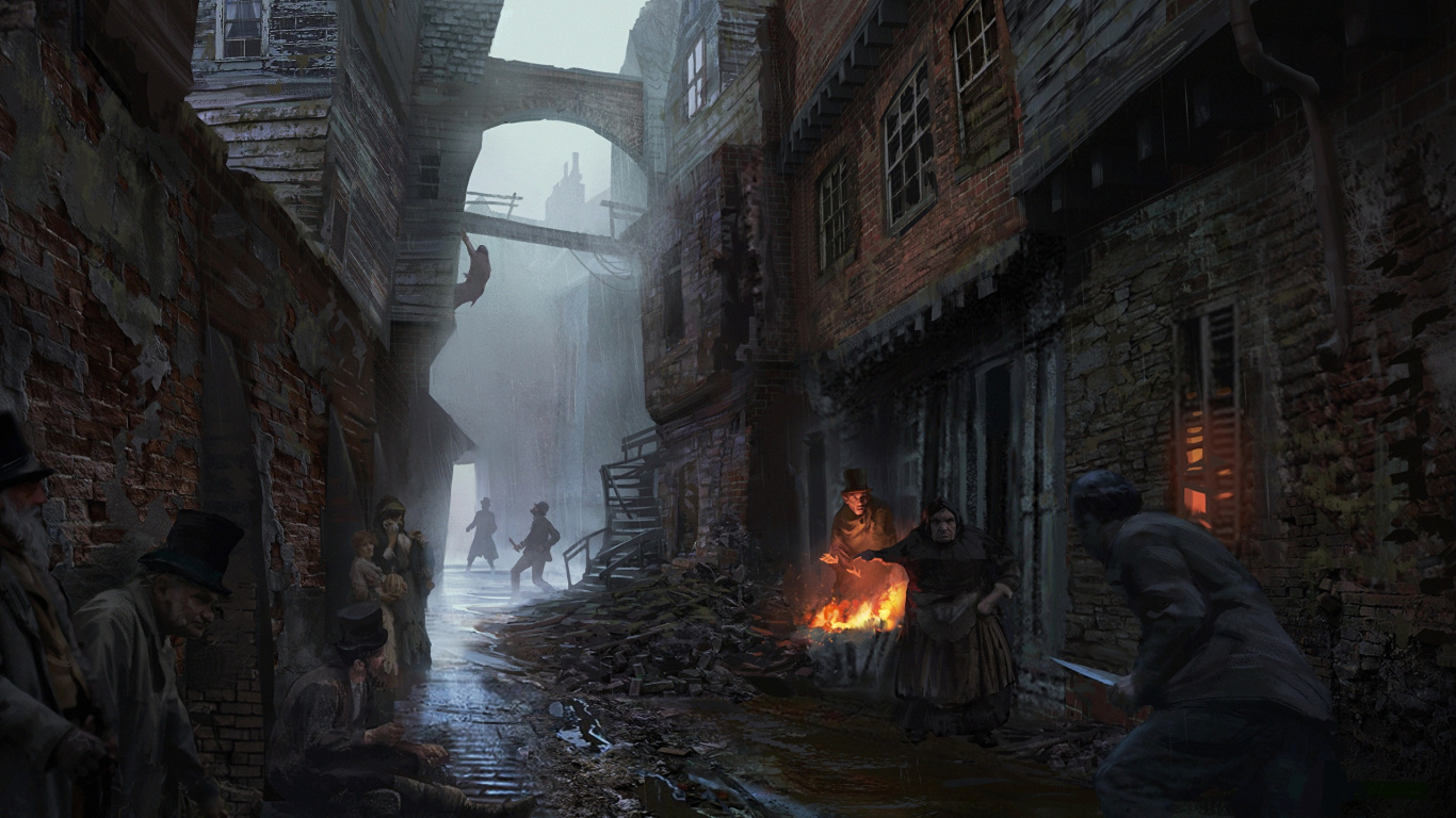 Обои assassins creed syndicate, темнота, assassins creed origins, средневековые трущобы фэнтези арт, видеоигра в разрешении 1366x768