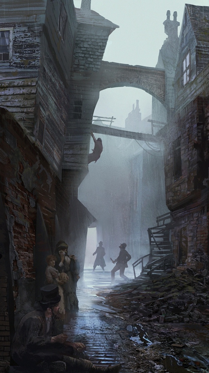 Обои assassins creed syndicate, темнота, assassins creed origins, средневековые трущобы фэнтези арт, видеоигра в разрешении 720x1280
