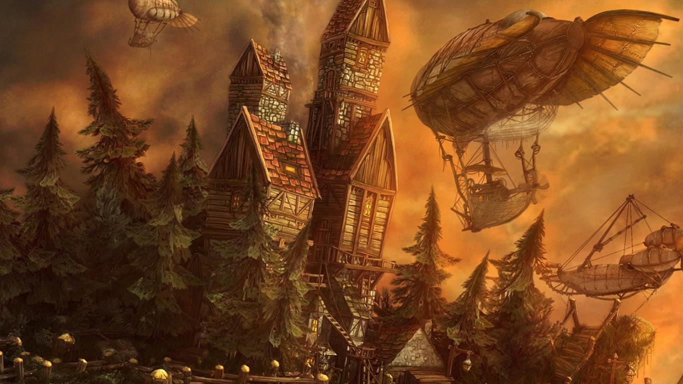 Обои стимпанк, компьютерная игра, вымирание, фэнтези, мифология в разрешении 1366x768