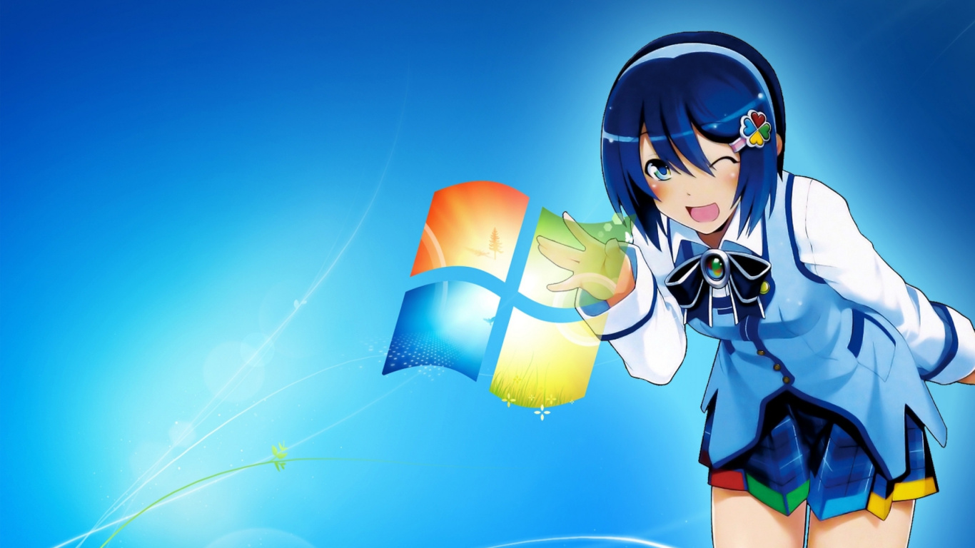 Обои windows 7, аниме, microsoft windows, ОС-Тан, синий цвет в разрешении 1366x768