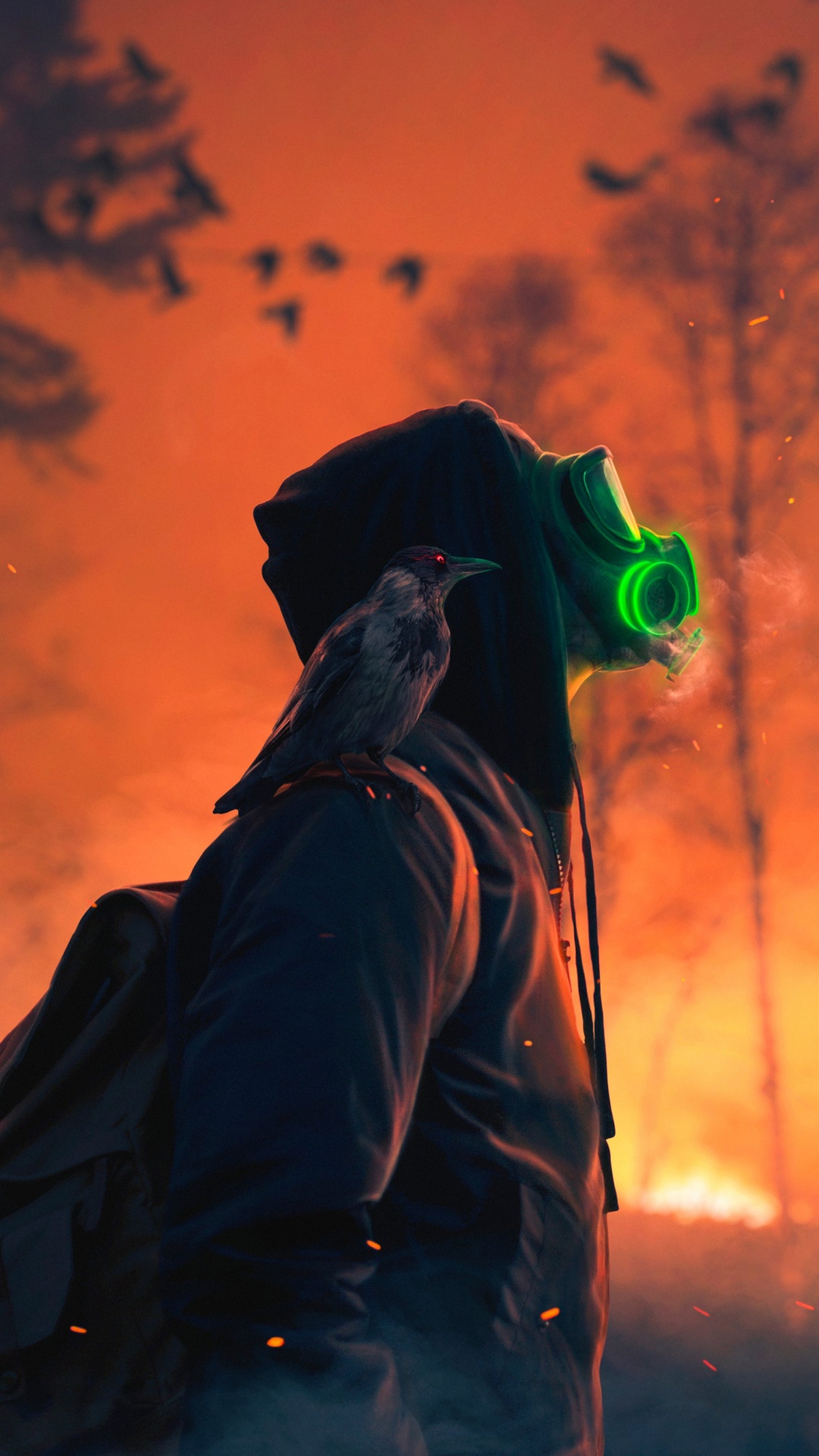 Обои Оранжевый цвет, дерево, клюв, птица, куртка в разрешении 1080x1920