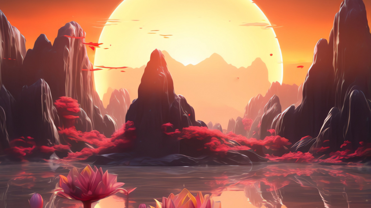 Обои послесвечение, закат, солнце, экорегион, растение в разрешении 1280x720