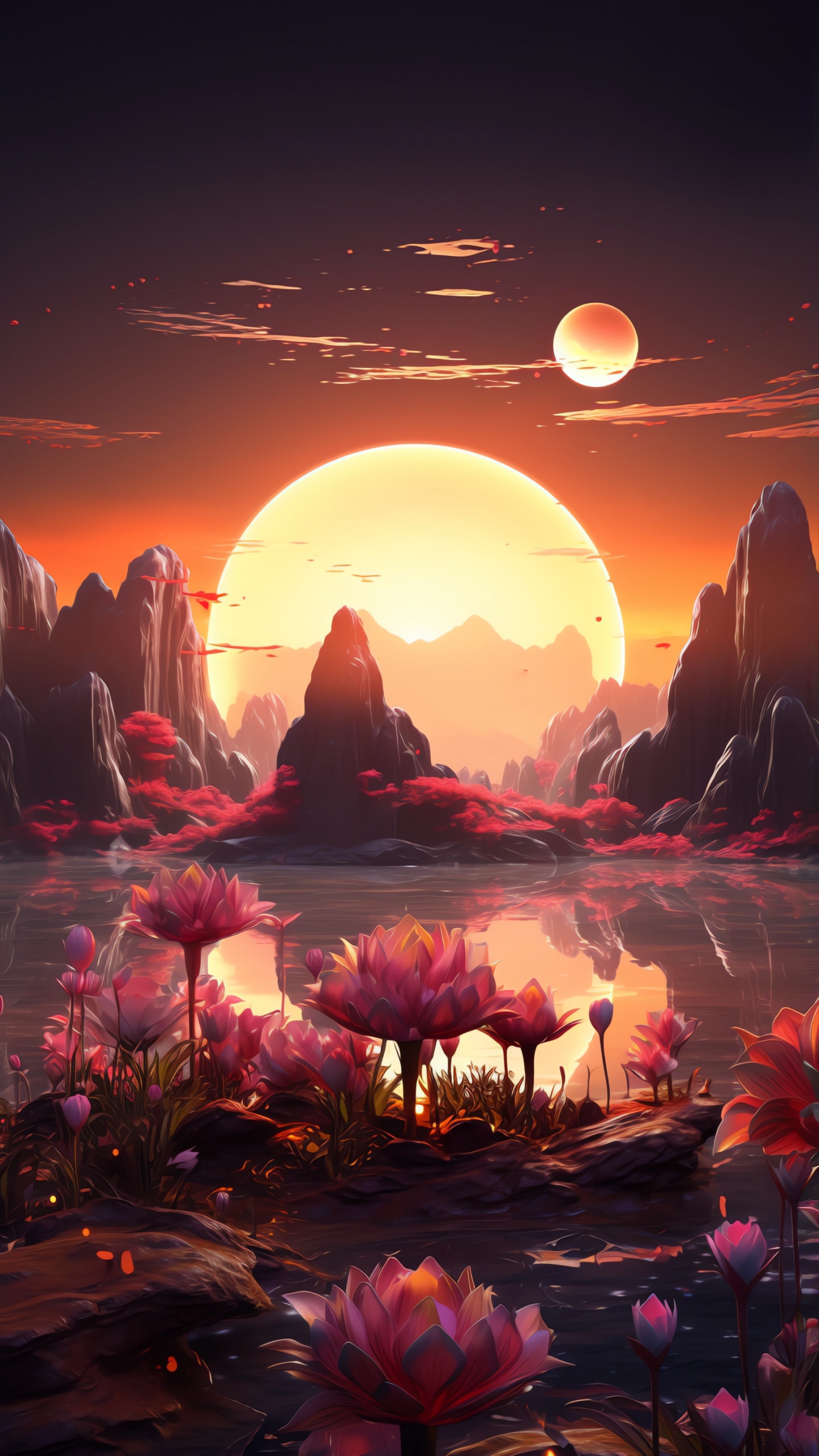 Обои послесвечение, закат, солнце, экорегион, растение в разрешении 1440x2560