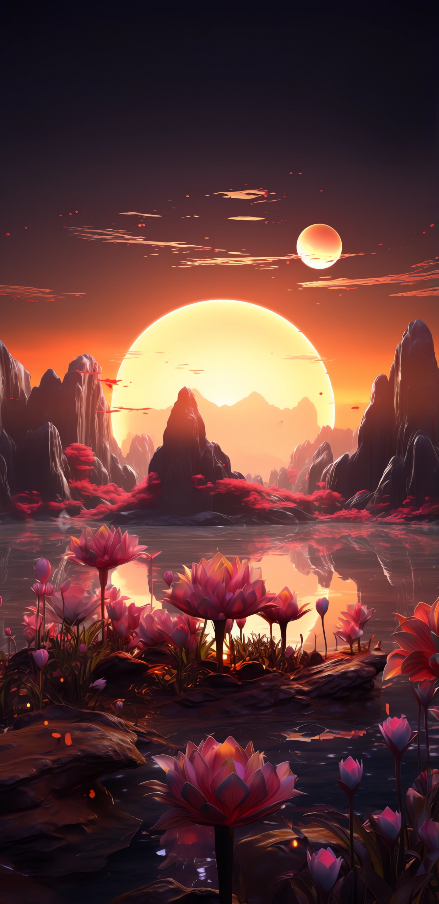 Обои послесвечение, закат, солнце, экорегион, растение в разрешении 1440x2960