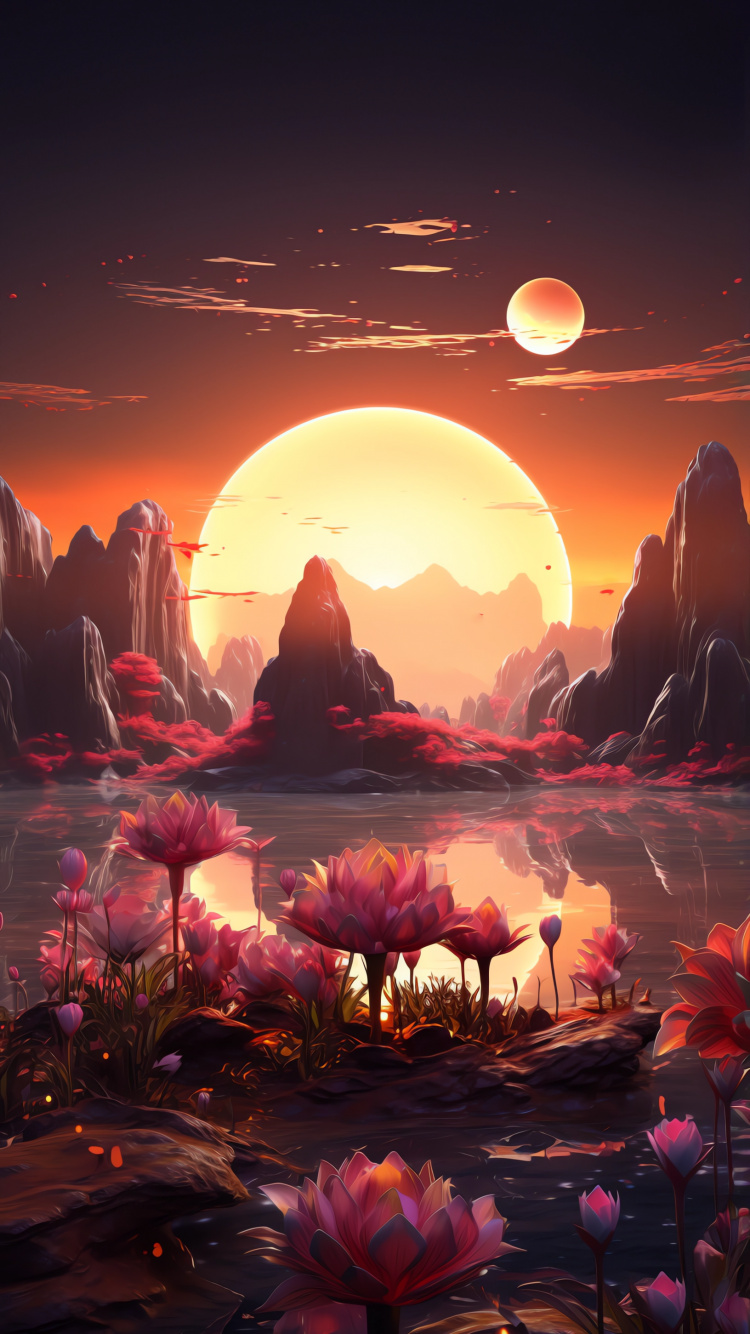 Обои послесвечение, закат, солнце, экорегион, растение в разрешении 750x1334