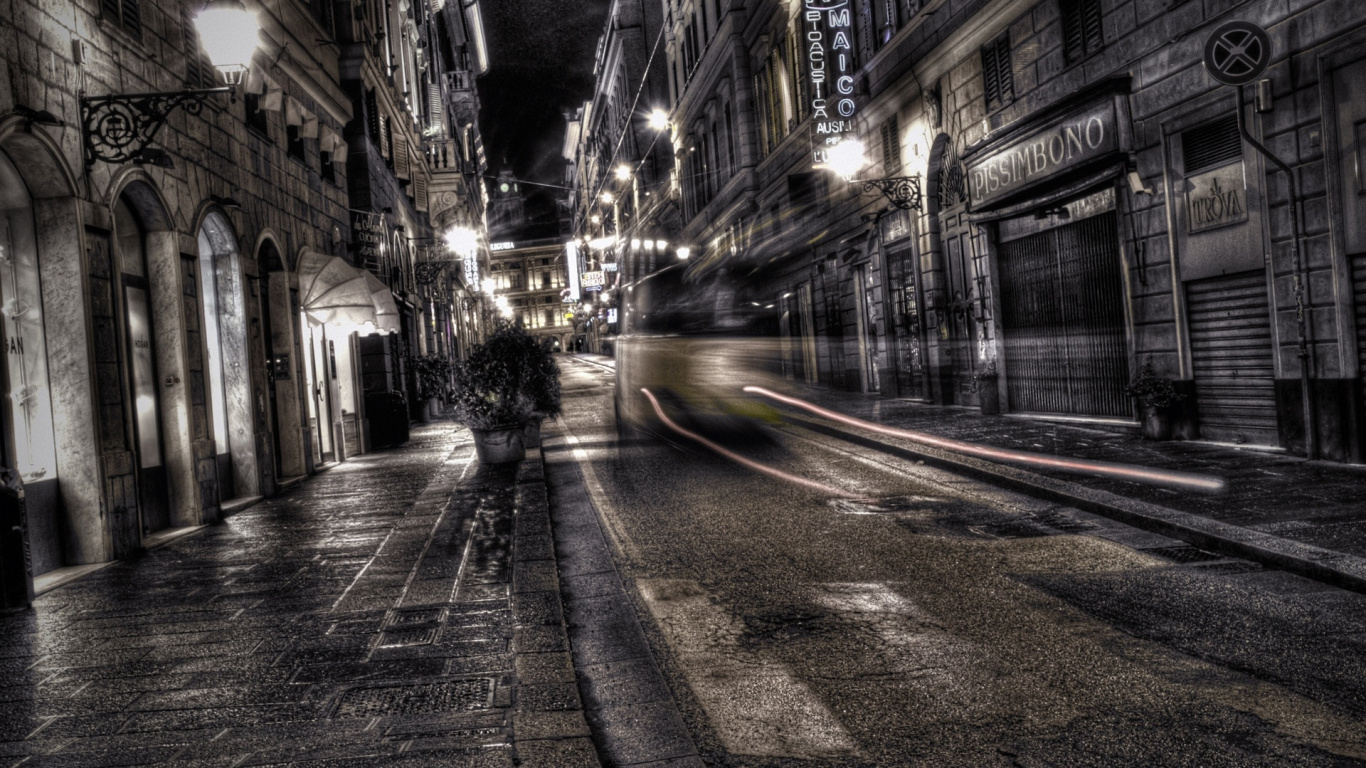 Обои черный и белый, улица, городской район, аллея, дорога в разрешении 1366x768