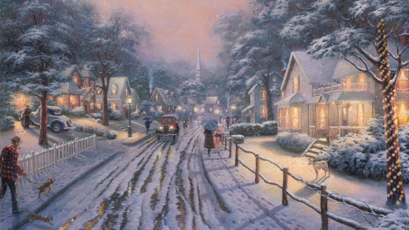 Обои живопись, арт, зима, снег, замораживание в разрешении 1366x768