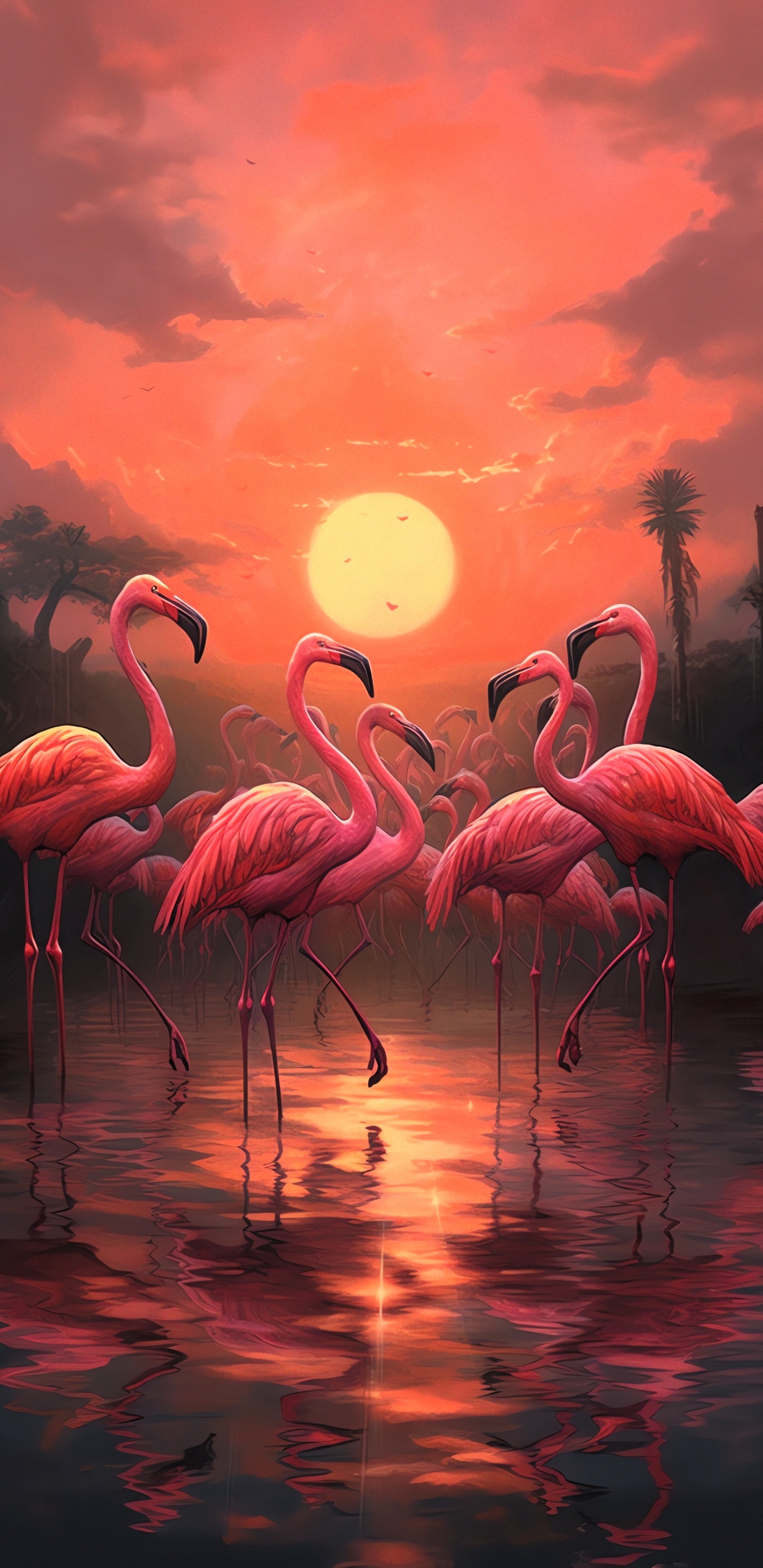 Обои Большой фламинго, закат, интеллект, птица, вода в разрешении 1440x2960