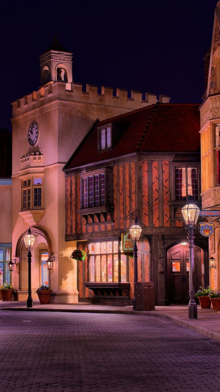 Обои улица, ночь, городок, ориентир, здание в разрешении 750x1334