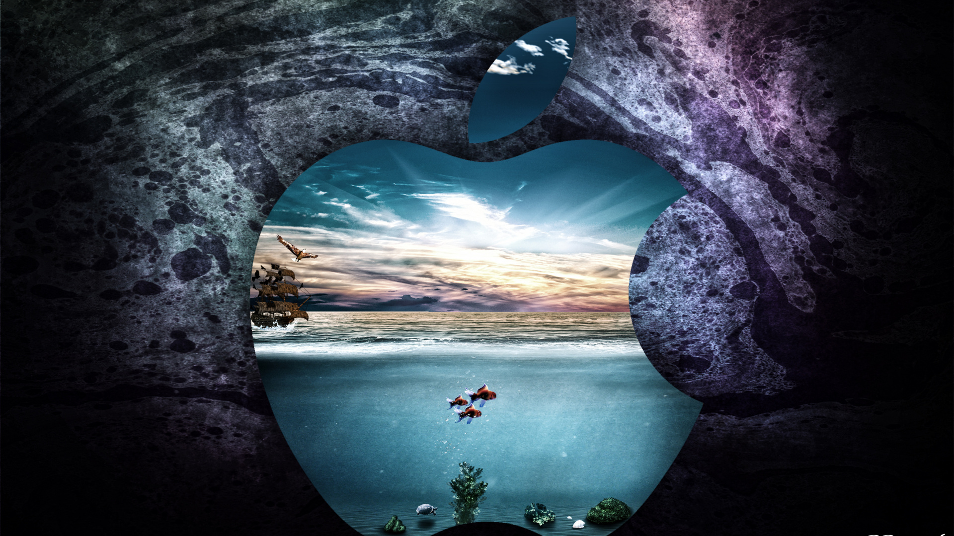 Обои apple, вода, морская пещера, формирование, иллюстрация в разрешении 1920x1080