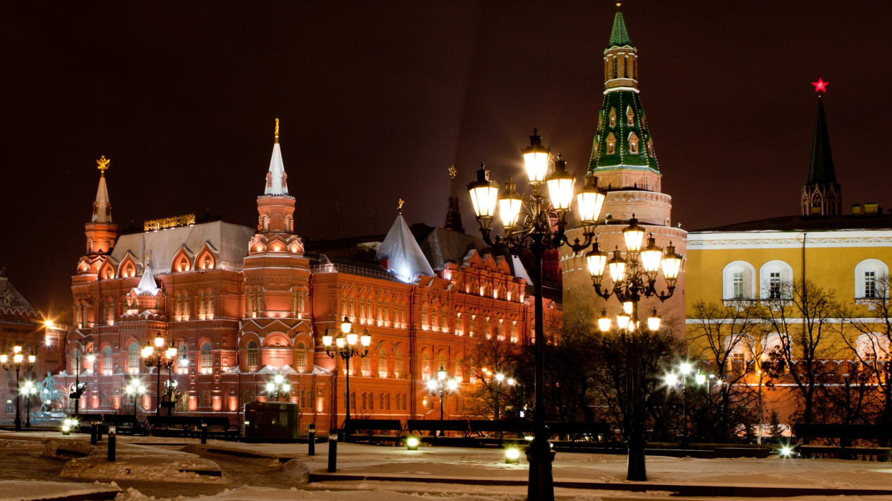 Обои государственный исторический музей, Красная площадь, музей Московского Кремля, музей, ночь в разрешении 1280x720