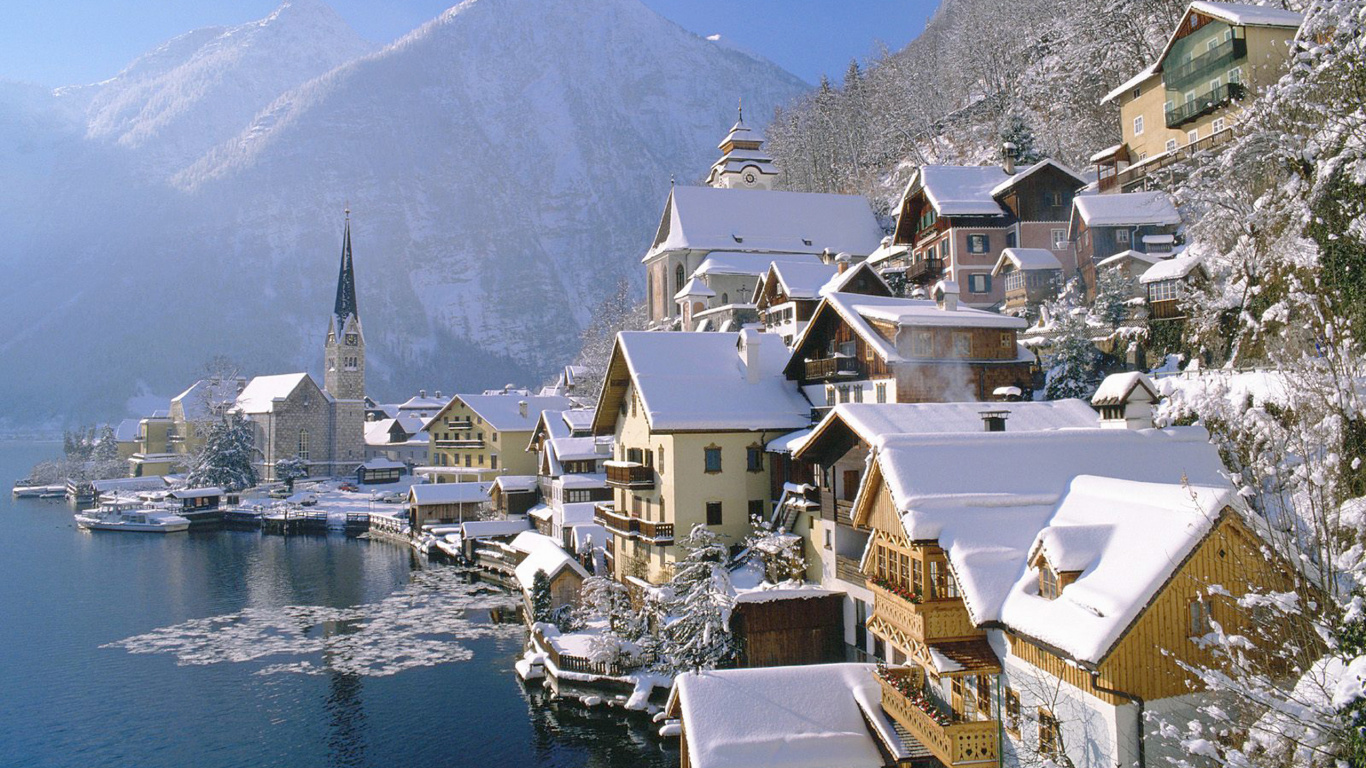 Обои гальштат, зима, горная деревня, гора, горный хребет в разрешении 1366x768
