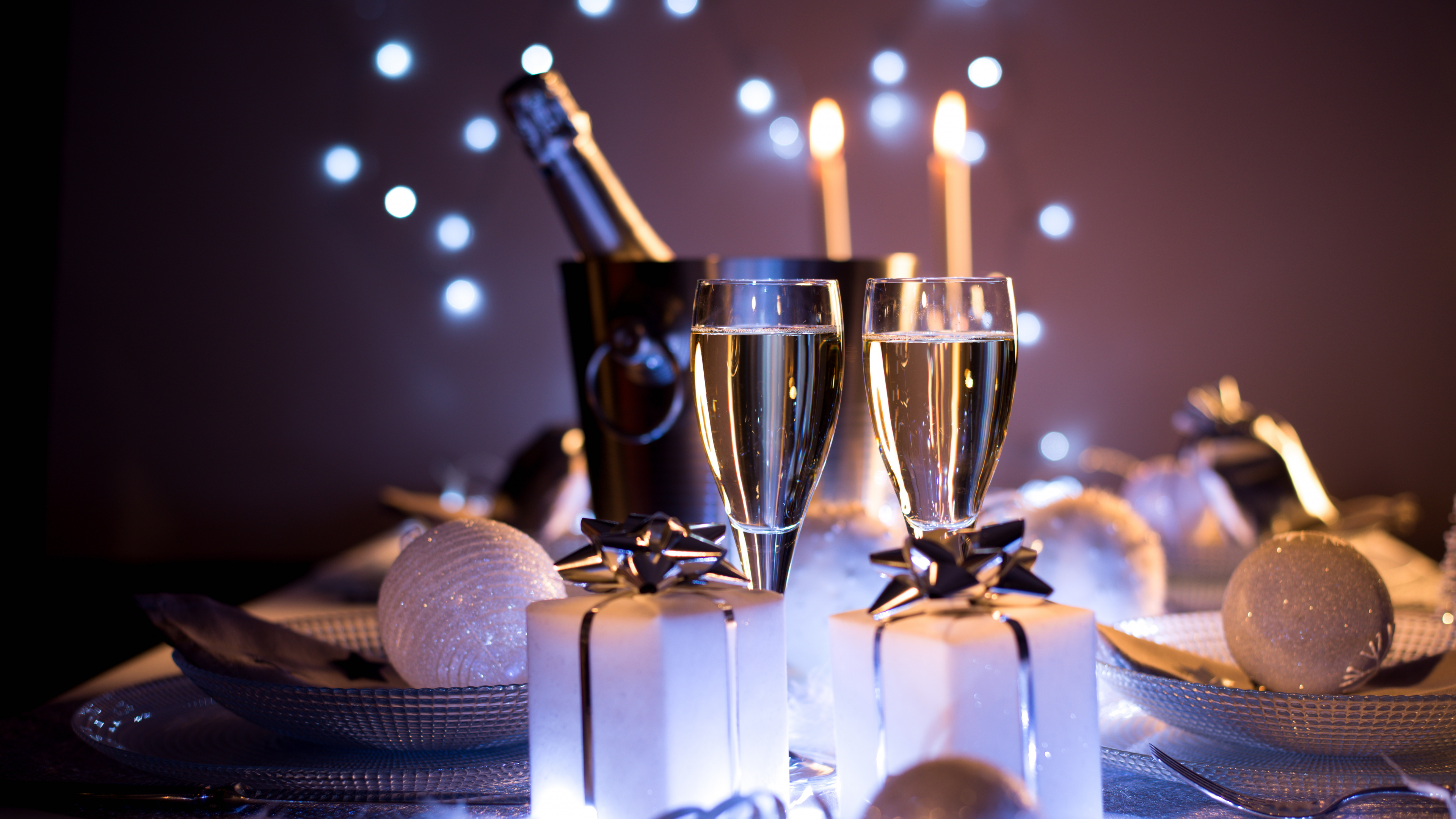 Обои шампанское, вино, канун Нового года, Новый год, натюрморт в разрешении 3840x2160