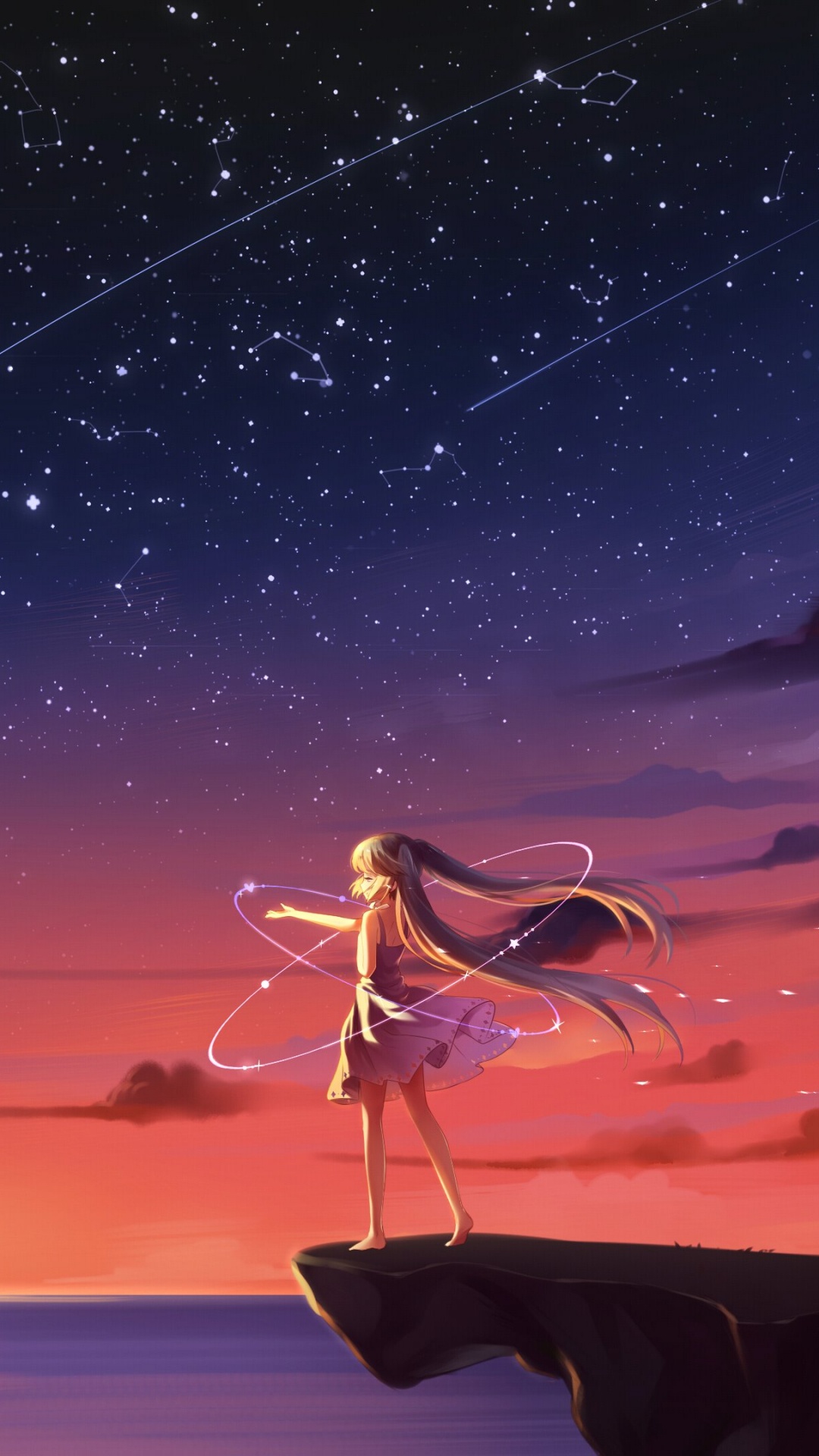 Обои закат, аниме, звезда, горизонт, спокойный в разрешении 1080x1920