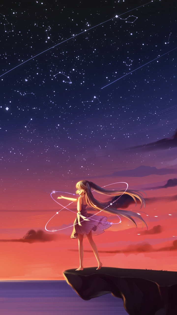 Обои закат, аниме, звезда, горизонт, спокойный в разрешении 720x1280