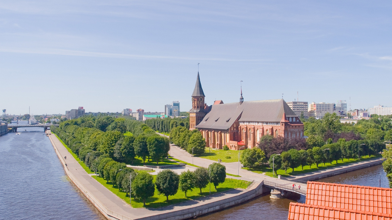 Обои кафедральный собор Кенигсберга, реки, город, водный путь, панорама в разрешении 1280x720