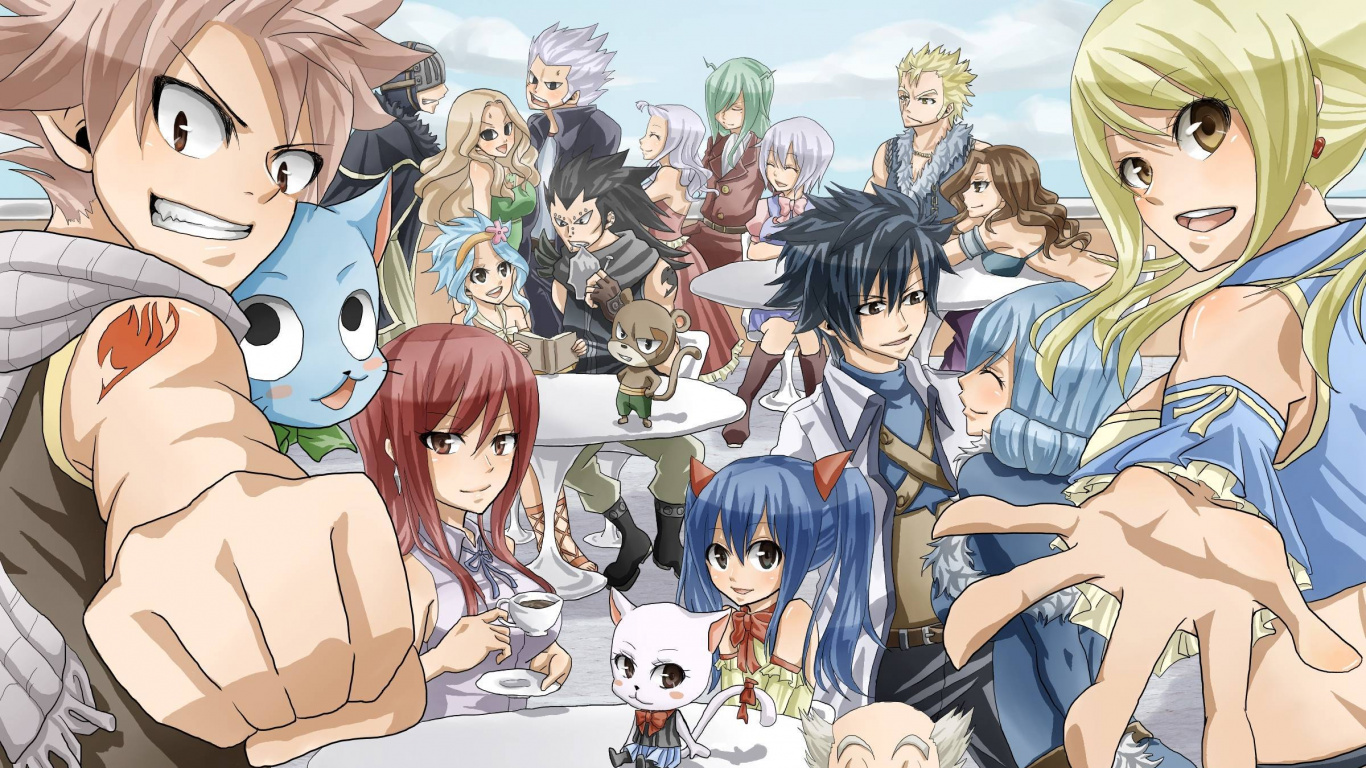 Обои Нацу Драгнил, эрза Скарлет, фейри Тейл, Juvia Lockser, Манга в разрешении 1366x768