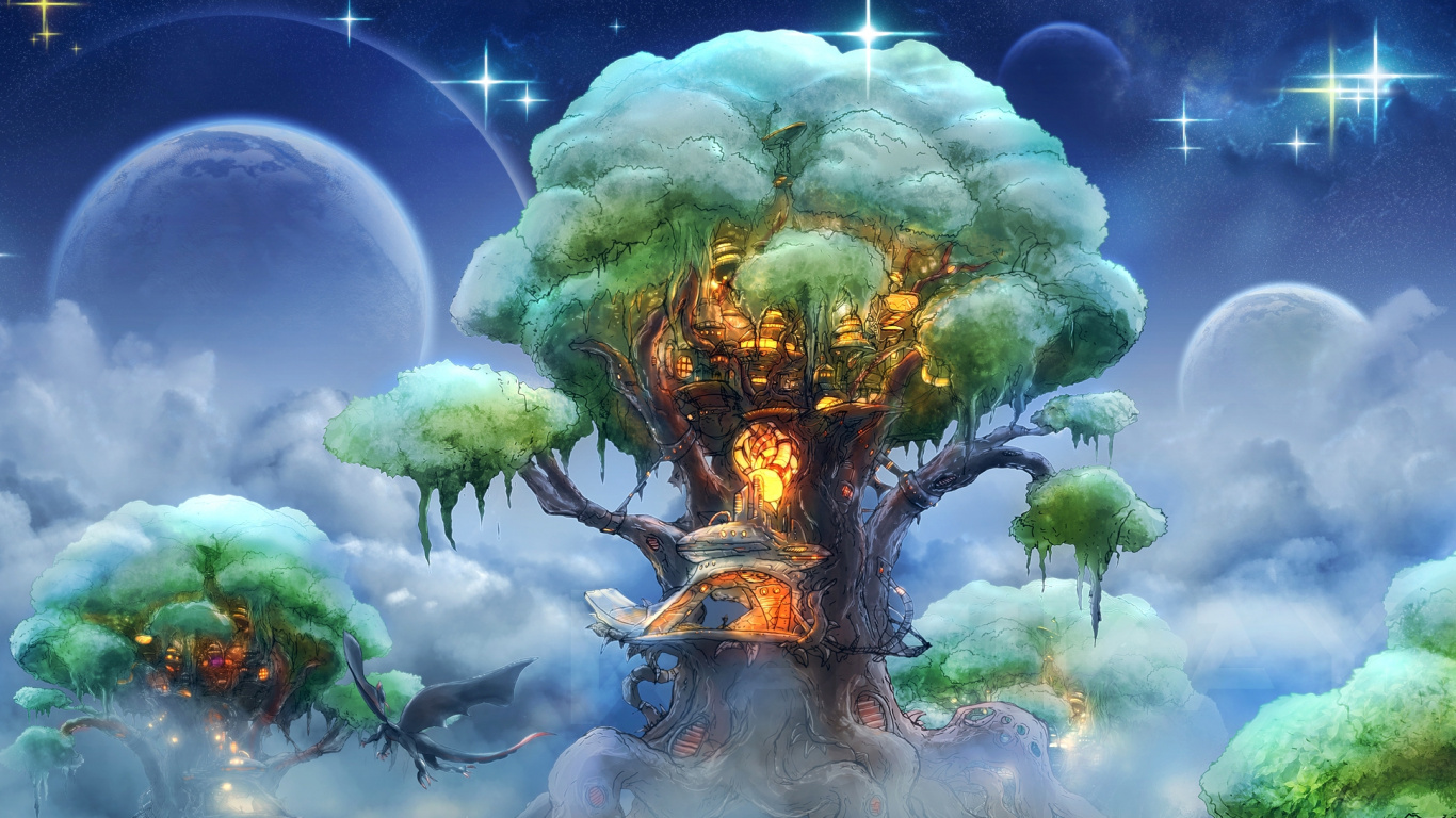 Обои домик на дереве, дерево, природа, мир, мифология в разрешении 1366x768